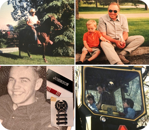 A young Don on a horse, in the military, with his grand son and in a piece of construction equipment.